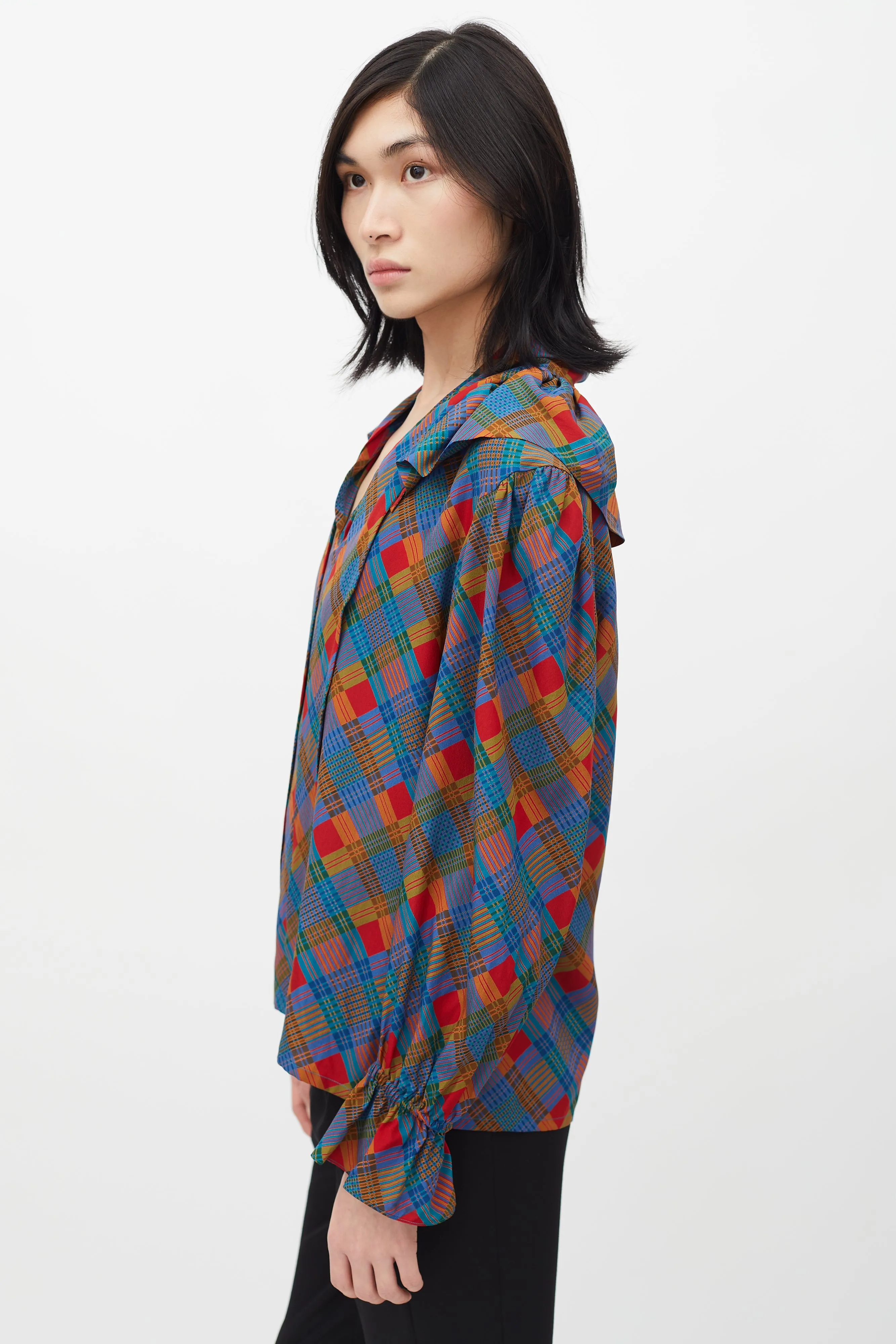 1980s Multicolour Plaid Necktie Blouse