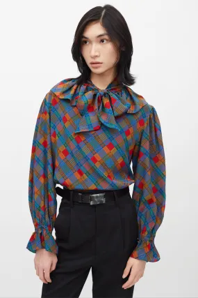 1980s Multicolour Plaid Necktie Blouse