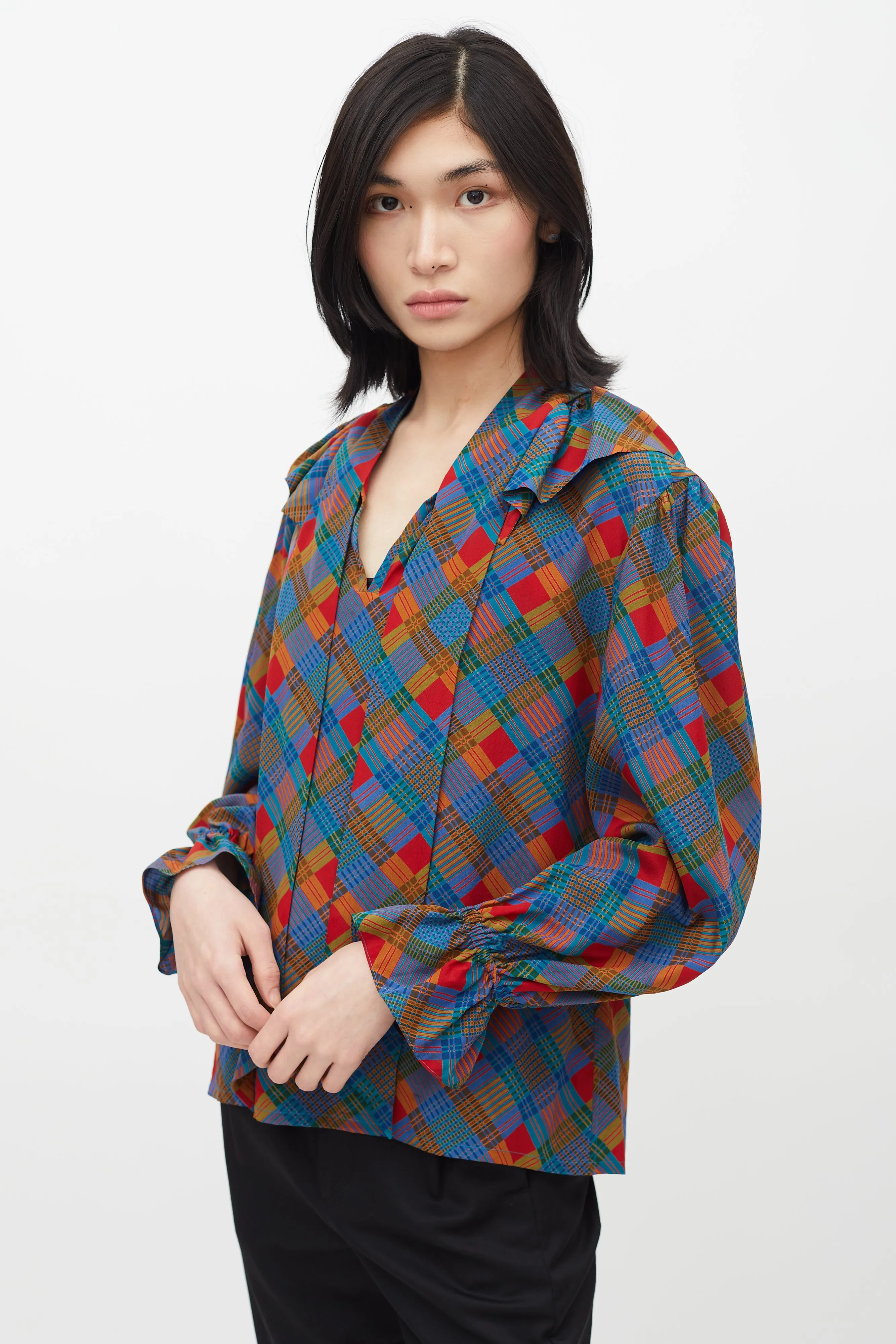 1980s Multicolour Plaid Necktie Blouse