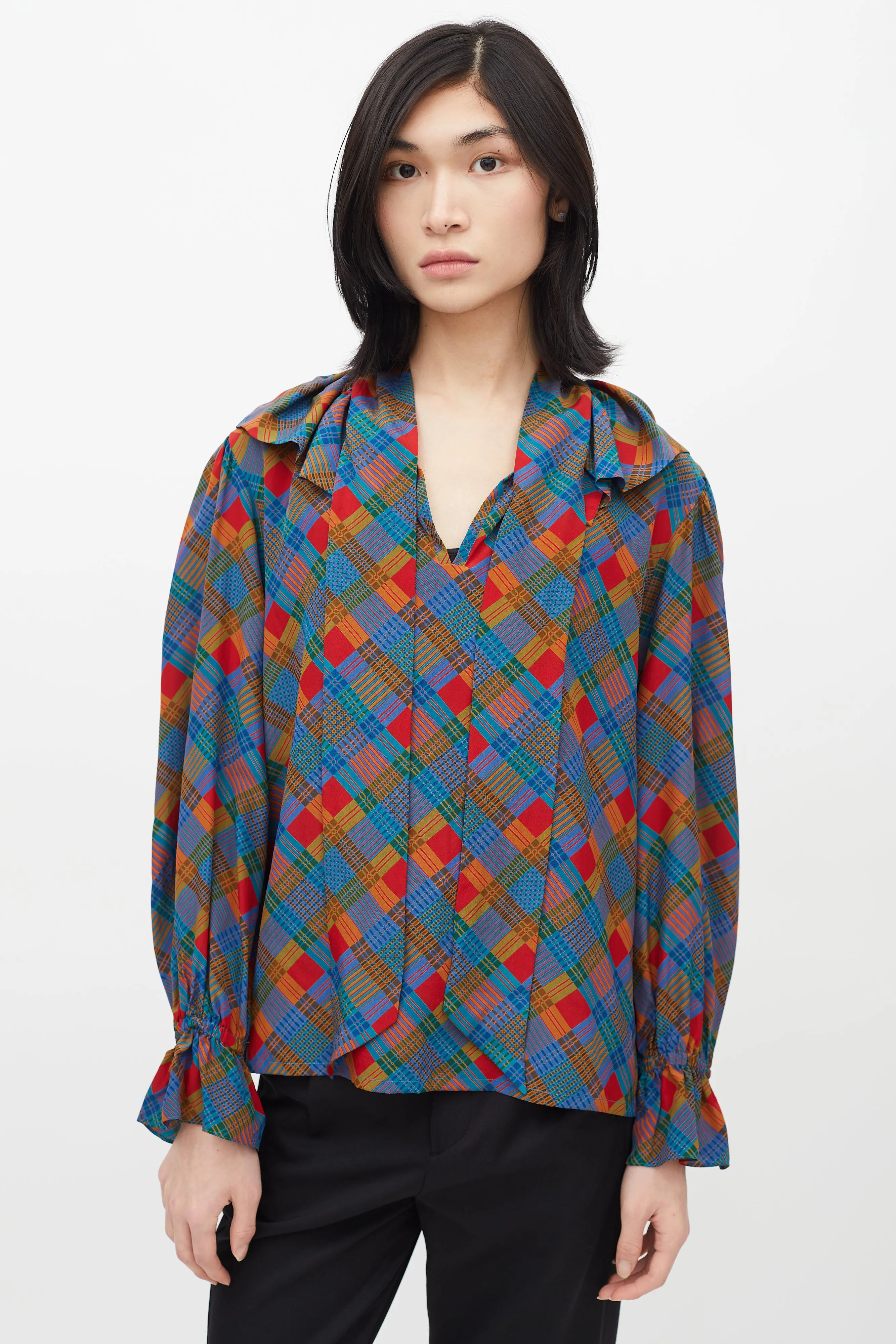 1980s Multicolour Plaid Necktie Blouse