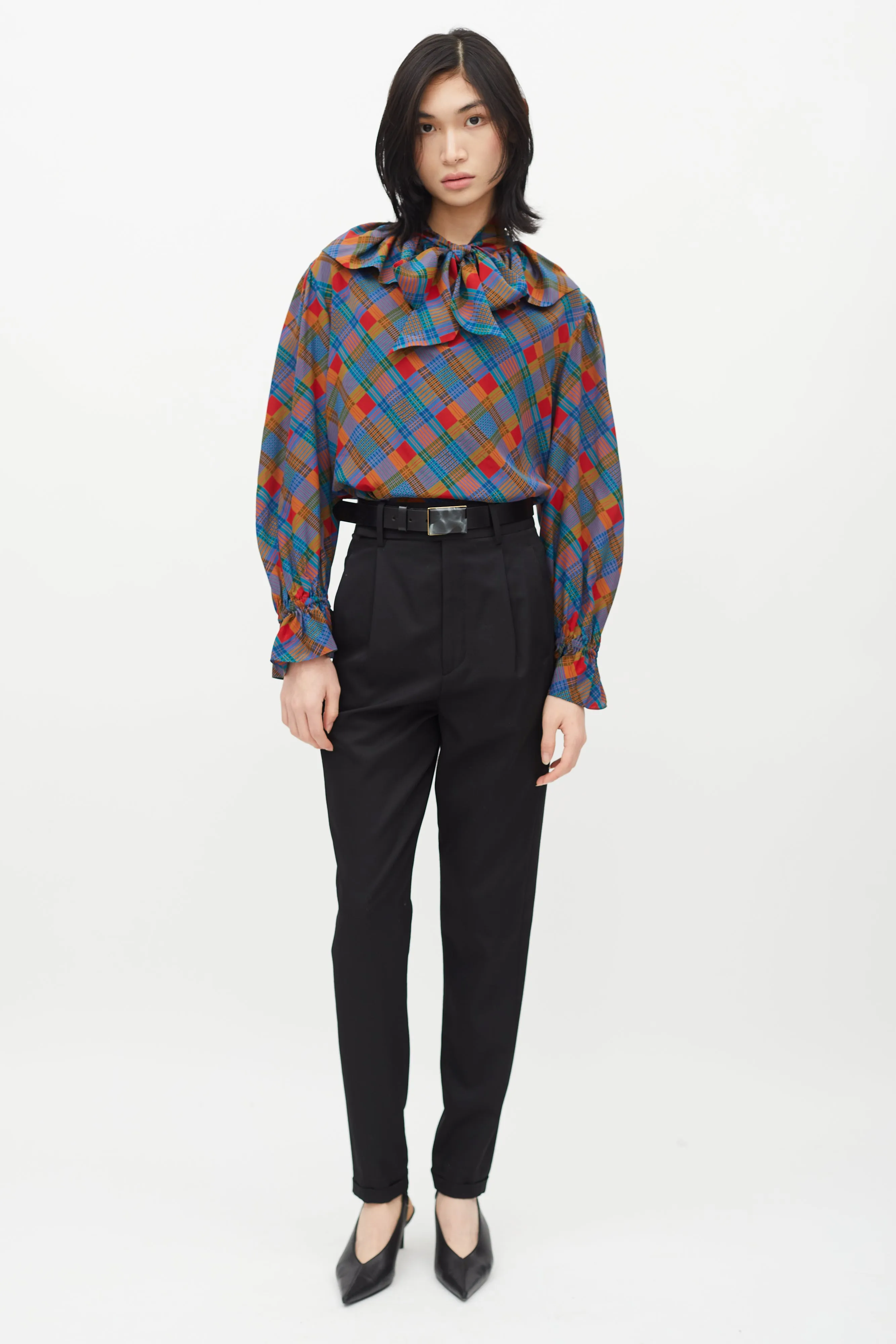 1980s Multicolour Plaid Necktie Blouse