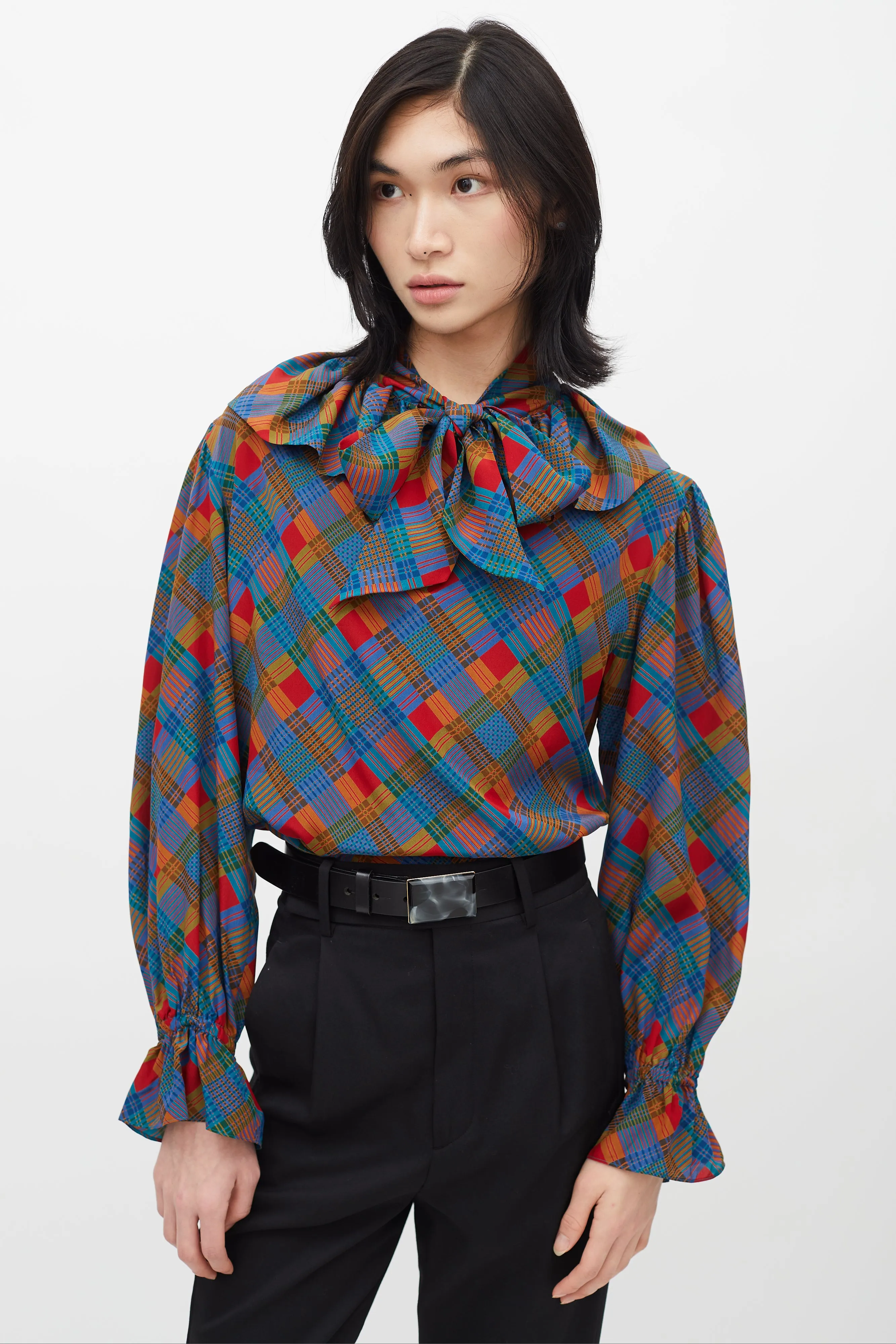 1980s Multicolour Plaid Necktie Blouse