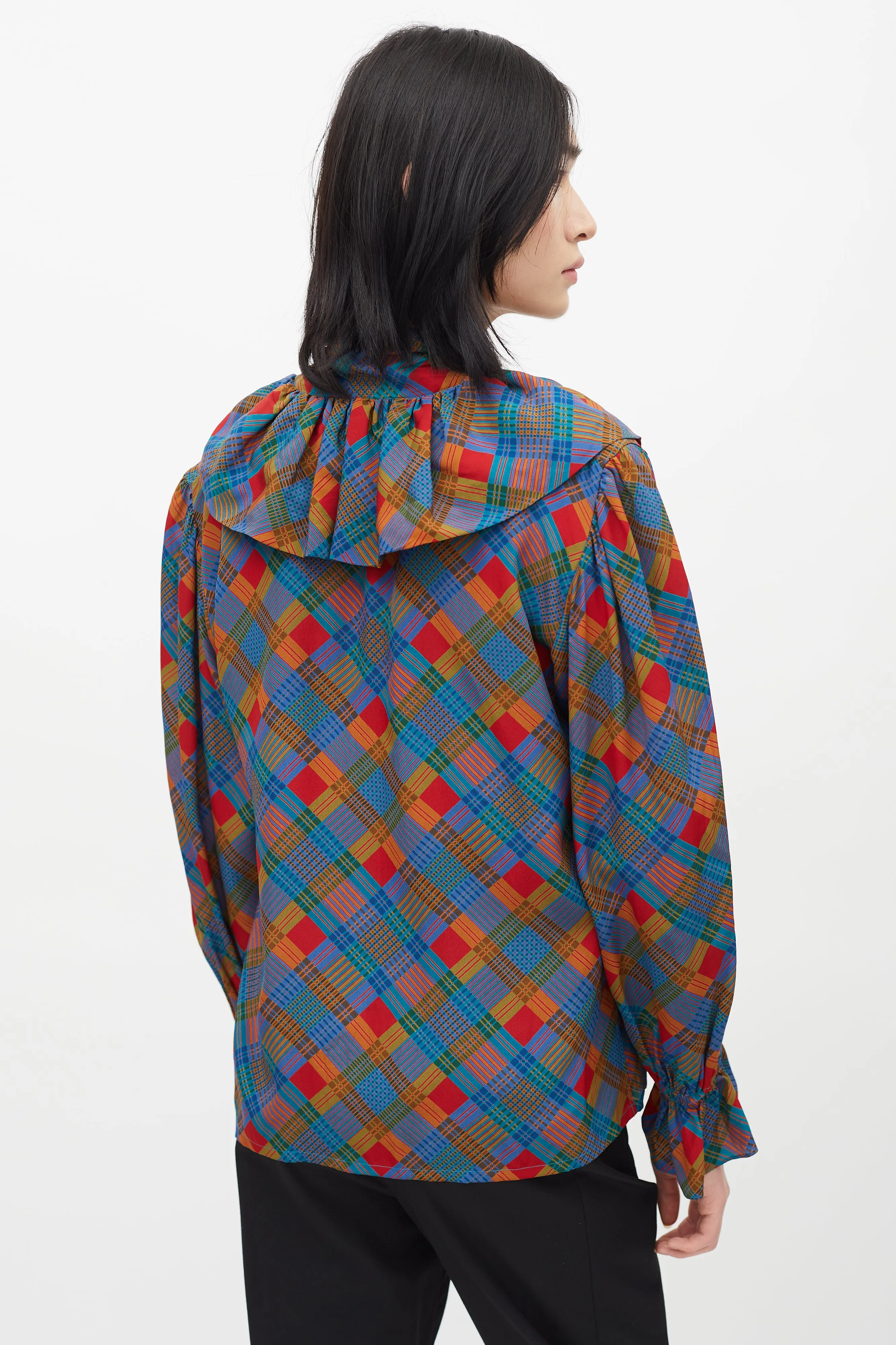 1980s Multicolour Plaid Necktie Blouse