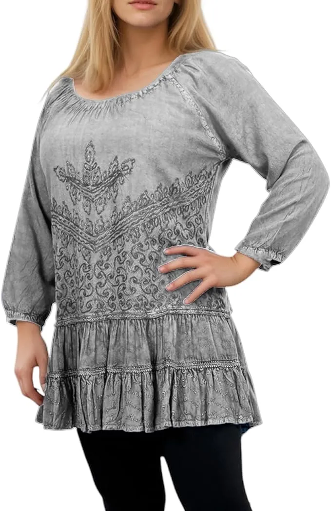 304 B Scooped Neck Ruffle Tiered Hem Bohemian Tunic