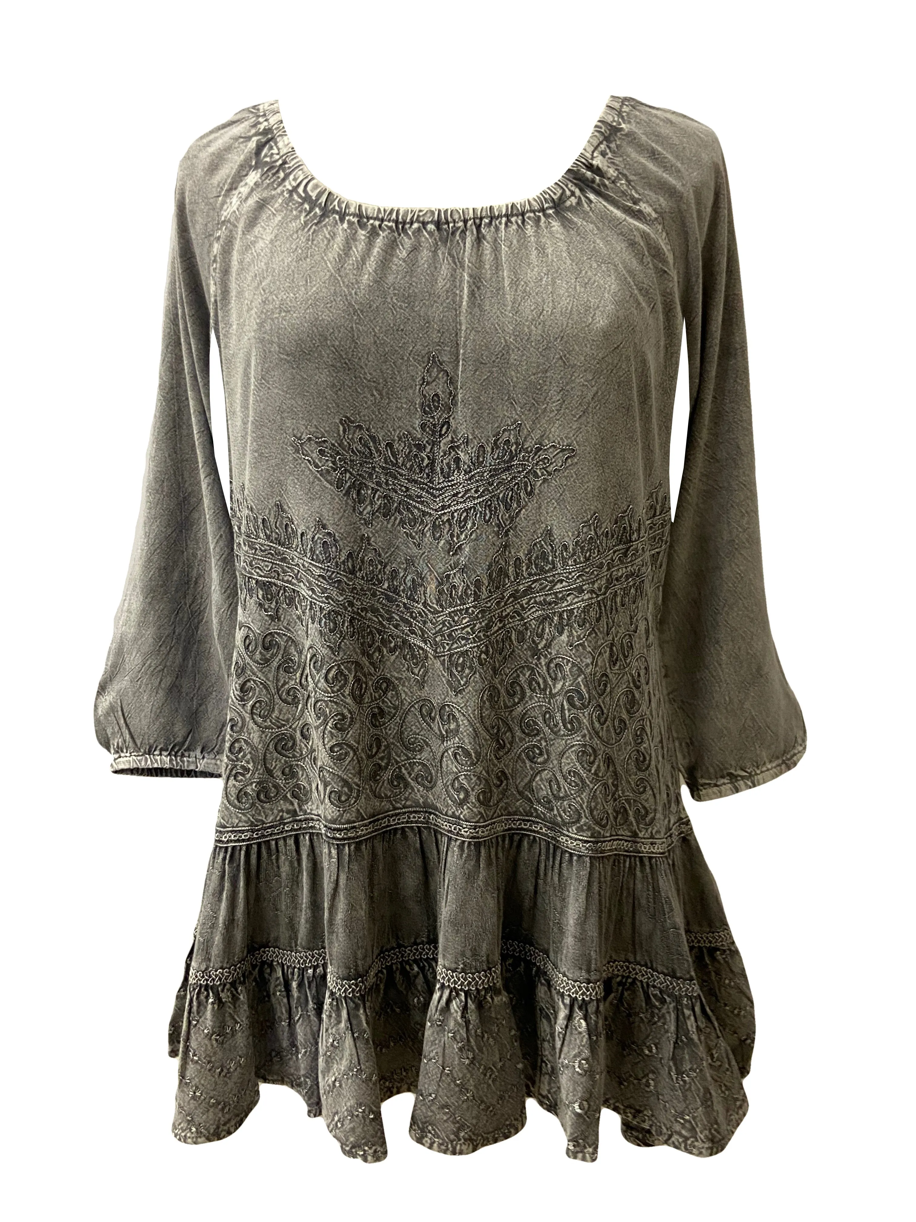 304 B Scooped Neck Ruffle Tiered Hem Bohemian Tunic