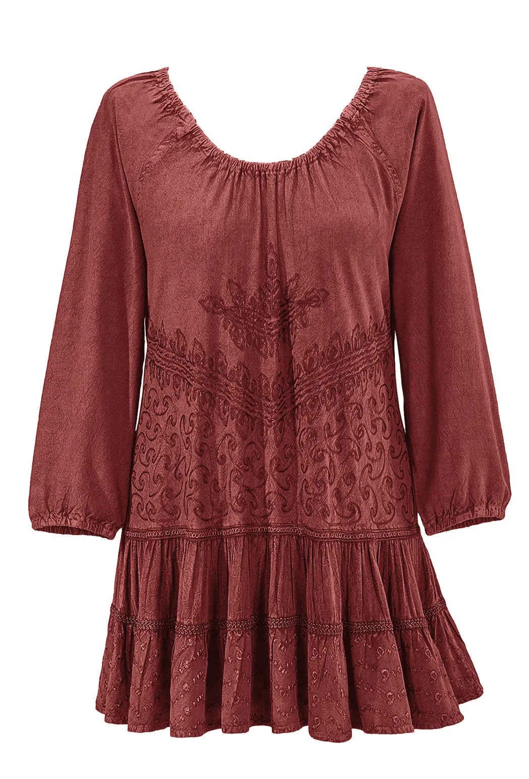 304 B Scooped Neck Ruffle Tiered Hem Bohemian Tunic