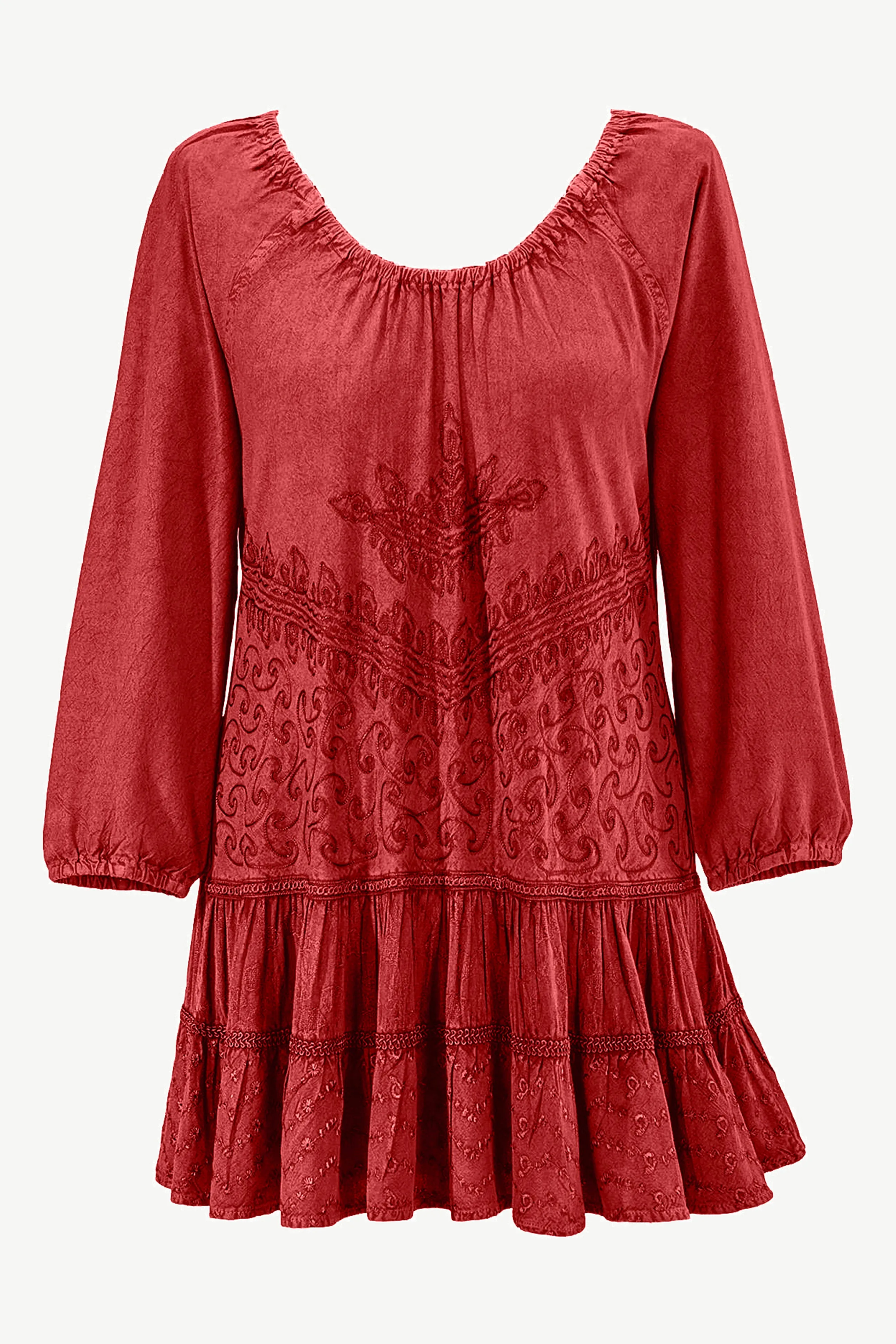 304 B Scooped Neck Ruffle Tiered Hem Bohemian Tunic