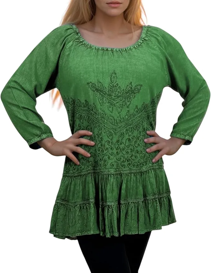 304 B Scooped Neck Ruffle Tiered Hem Bohemian Tunic