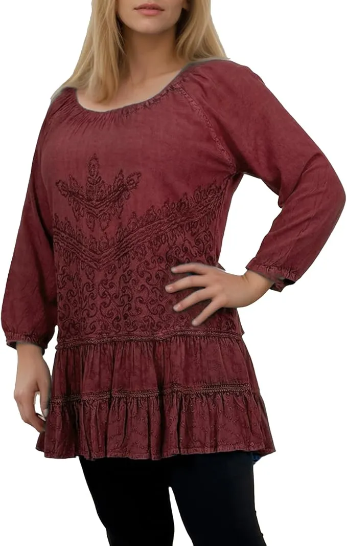 304 B Scooped Neck Ruffle Tiered Hem Bohemian Tunic
