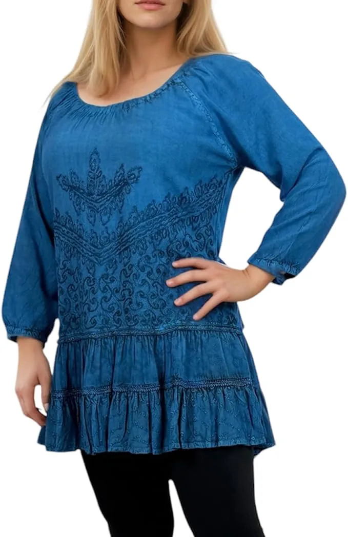 304 B Scooped Neck Ruffle Tiered Hem Bohemian Tunic