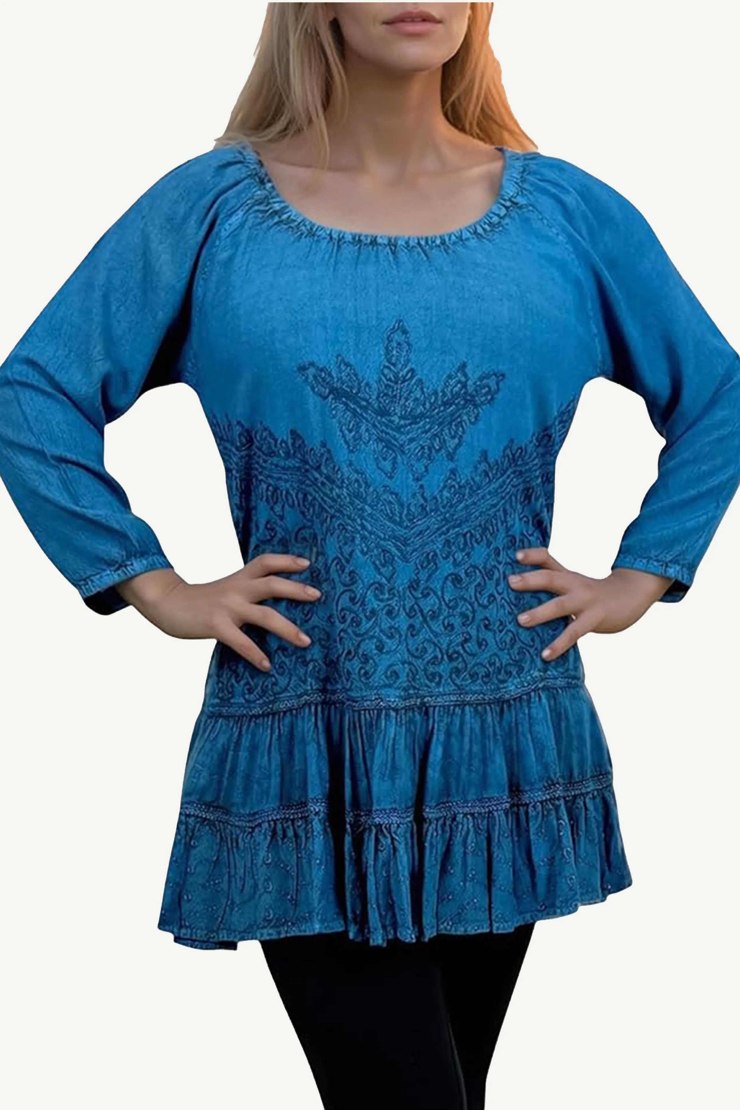 304 B Scooped Neck Ruffle Tiered Hem Bohemian Tunic