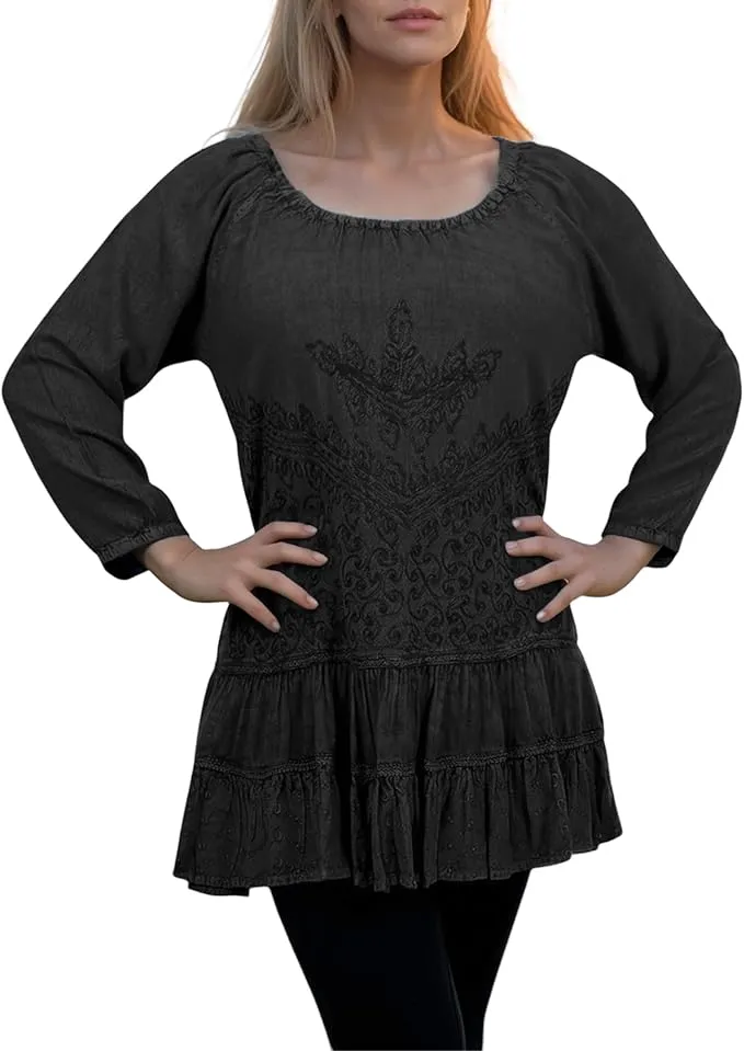 304 B Scooped Neck Ruffle Tiered Hem Bohemian Tunic