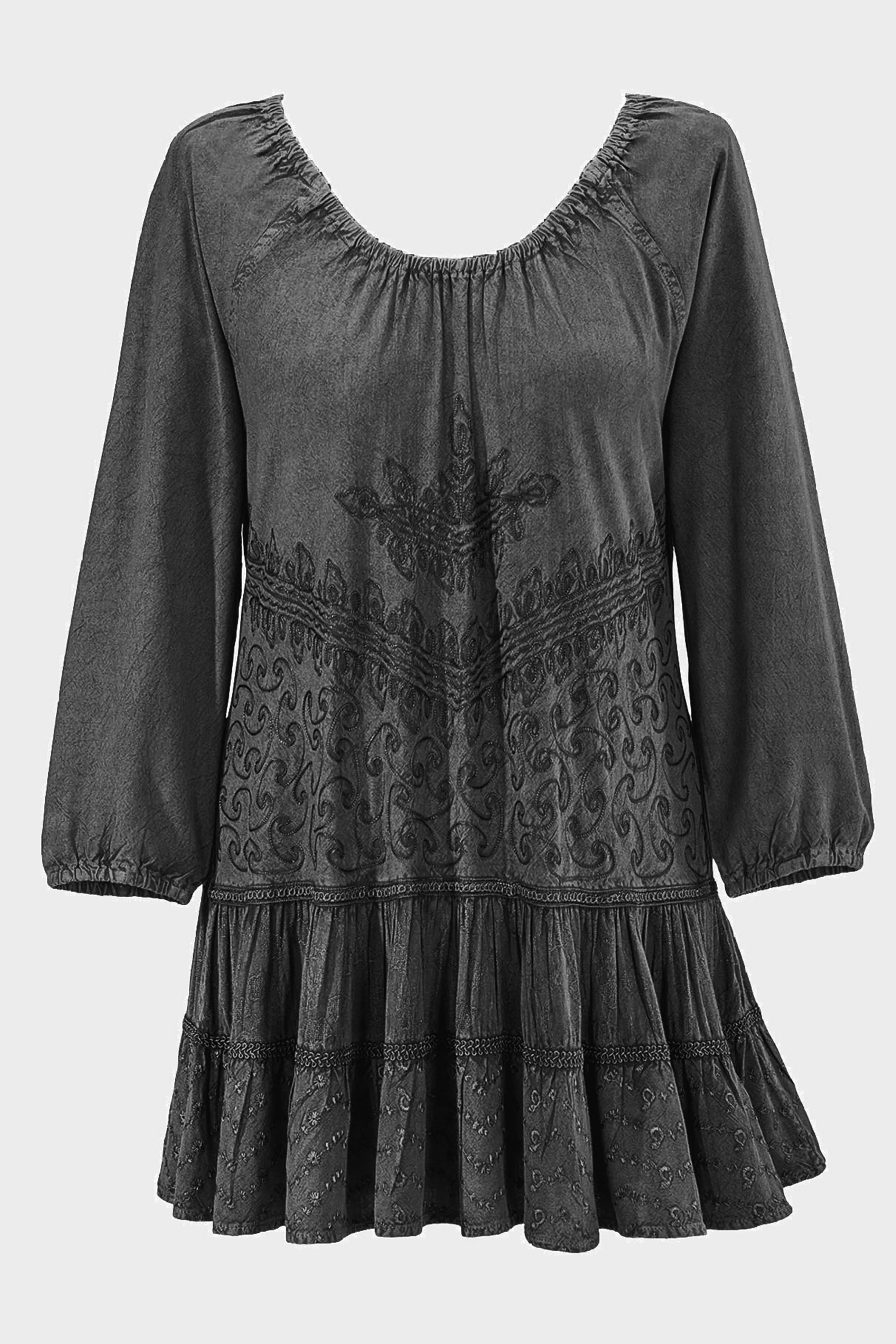 304 B Scooped Neck Ruffle Tiered Hem Bohemian Tunic