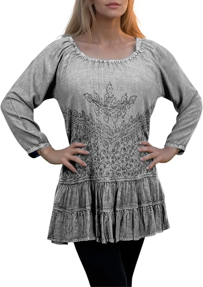 304 B Scooped Neck Ruffle Tiered Hem Bohemian Tunic