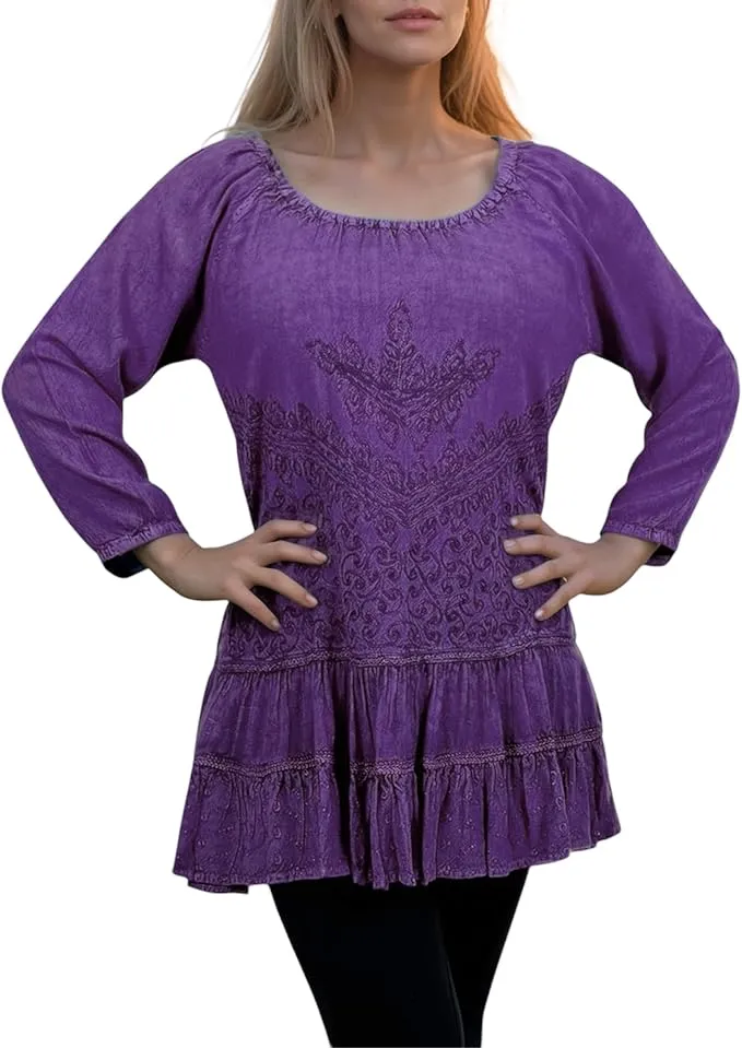 304 B Scooped Neck Ruffle Tiered Hem Bohemian Tunic