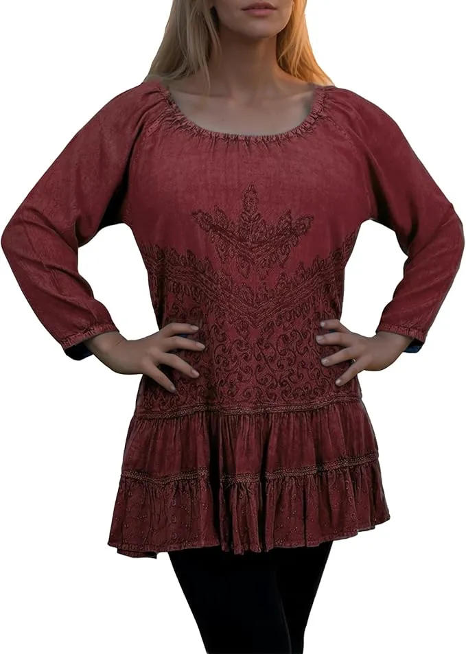 304 B Scooped Neck Ruffle Tiered Hem Bohemian Tunic