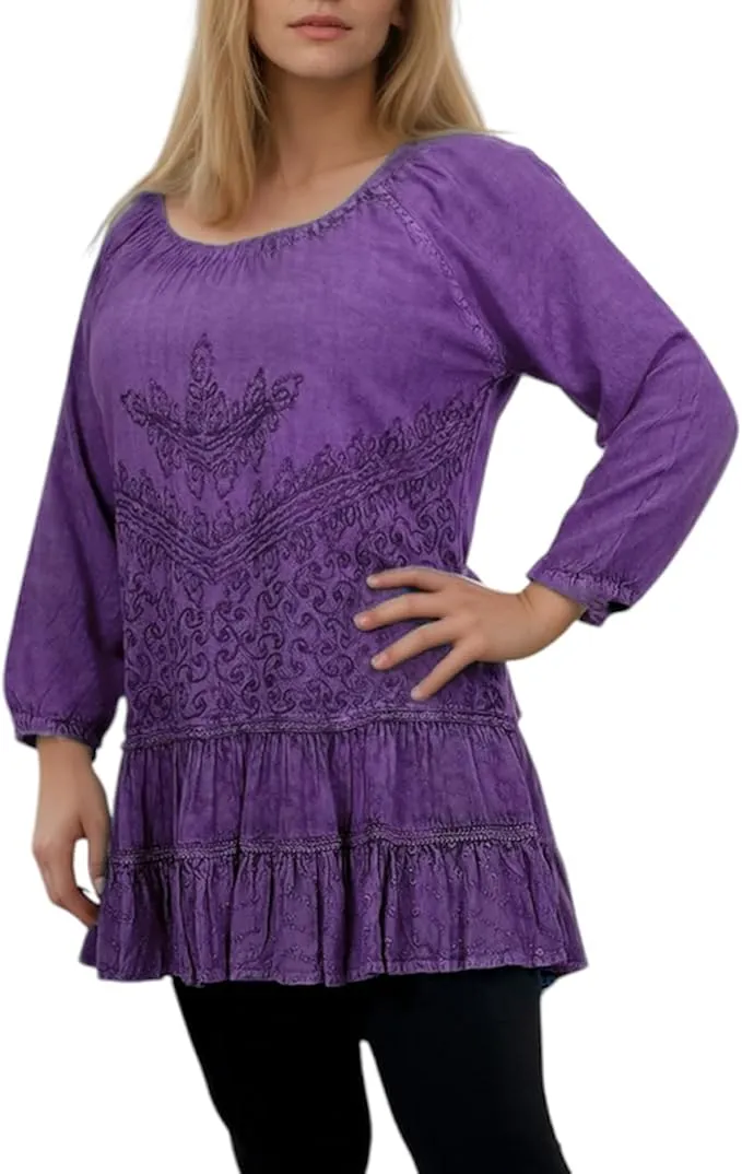 304 B Scooped Neck Ruffle Tiered Hem Bohemian Tunic