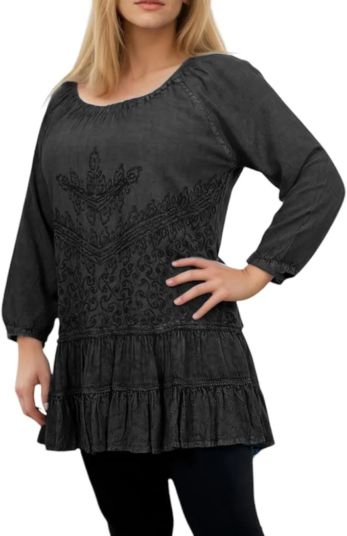 304 B Scooped Neck Ruffle Tiered Hem Bohemian Tunic