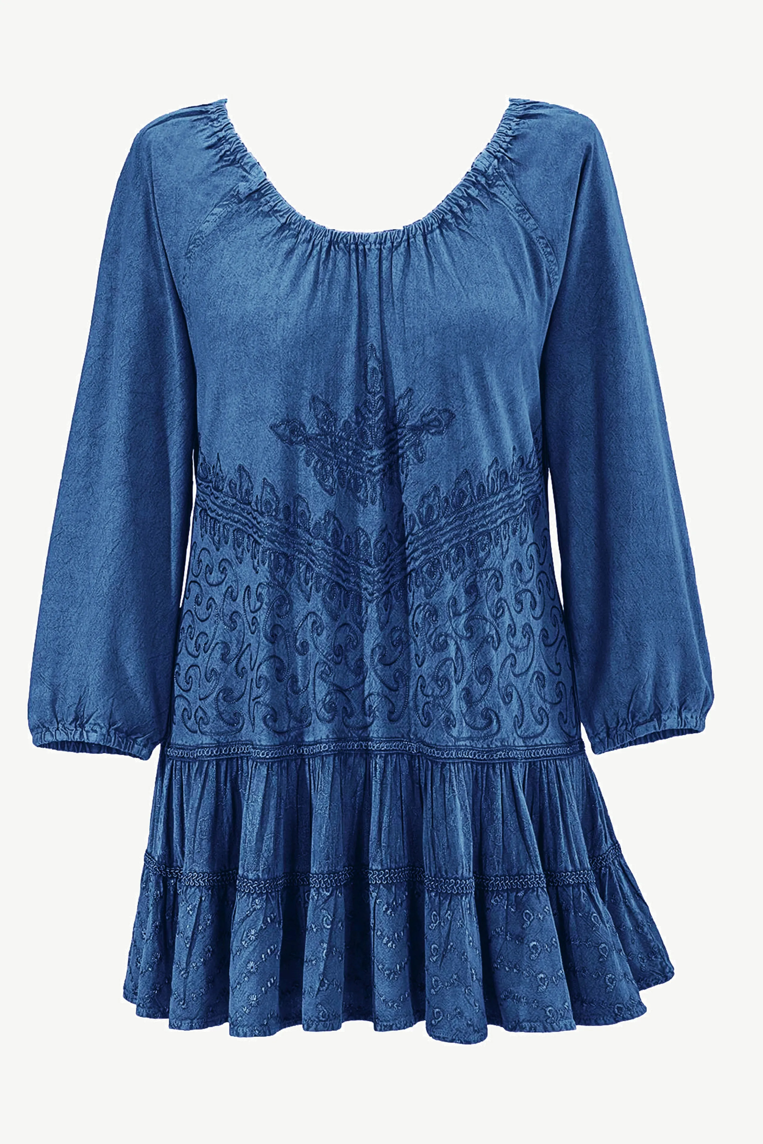 304 B Scooped Neck Ruffle Tiered Hem Bohemian Tunic
