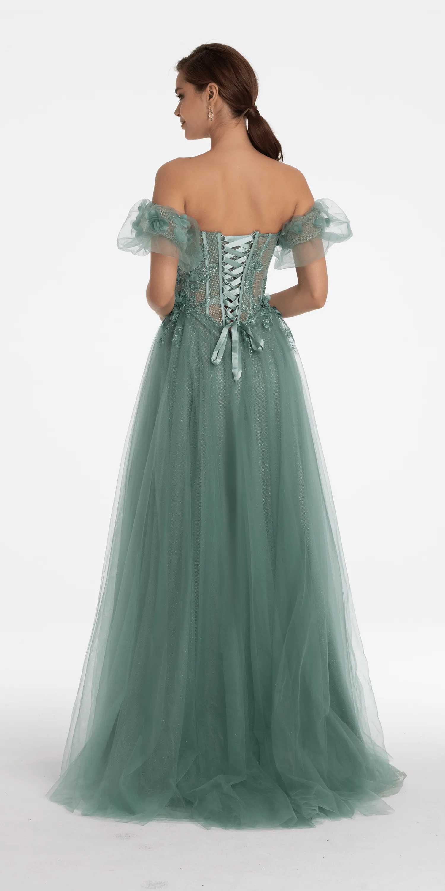 3D Floral Sweetheart Corset Tulle Ballgown with Puff Sleeves