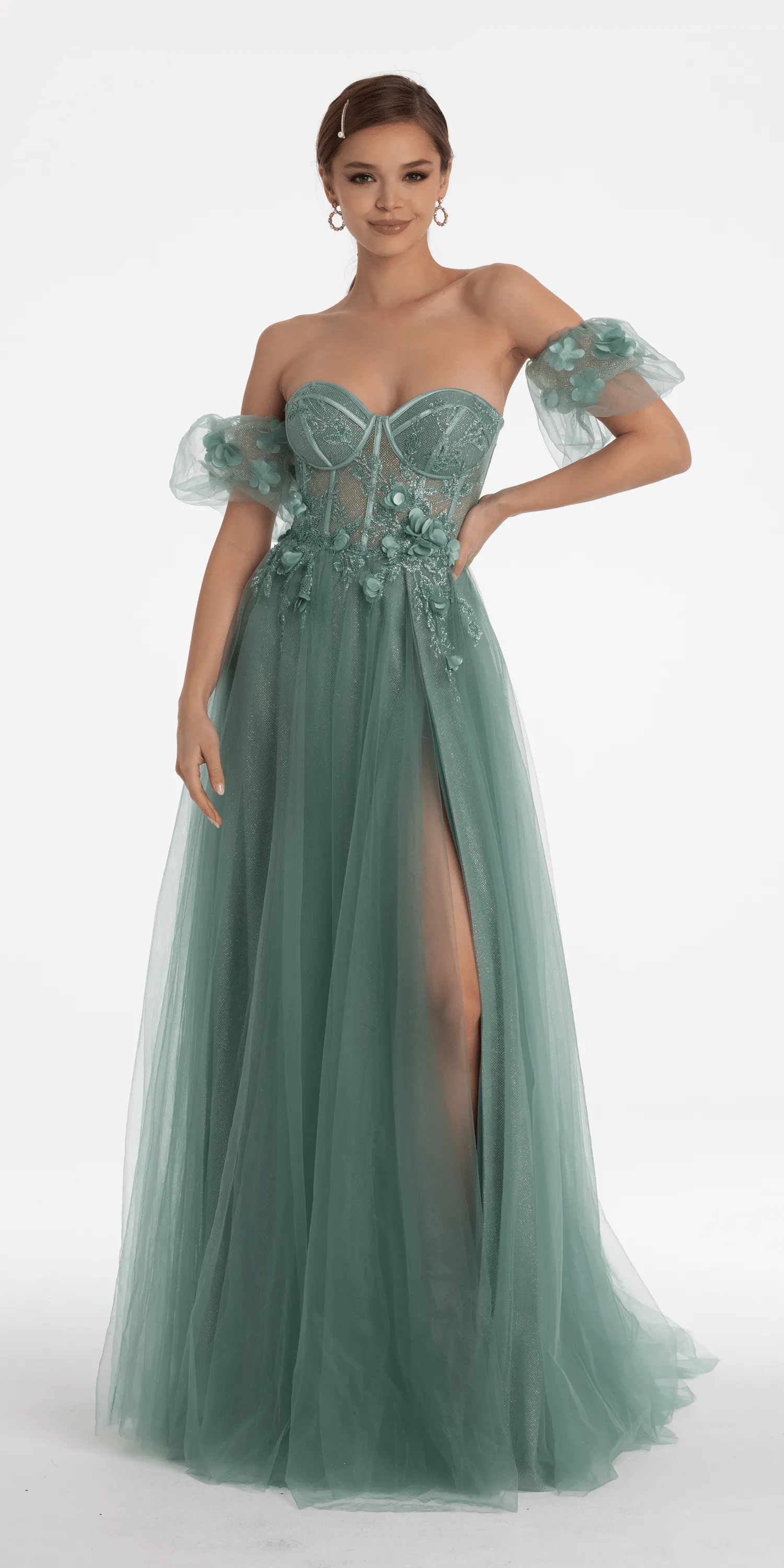 3D Floral Sweetheart Corset Tulle Ballgown with Puff Sleeves