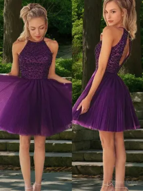 A-Line Halter Short Tulle Homecoming Dresses With Beading
