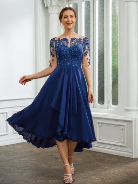 A-Line/Princess Chiffon Applique Bateau 1/2 Sleeves Tea-Length Mother of the Bride Dresses