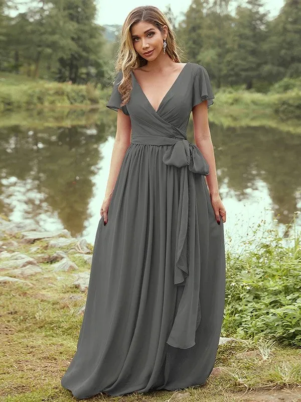 A-Line/Princess Chiffon Ruffles V-neck Short Sleeves Floor-Length Bridesmaid Dresses