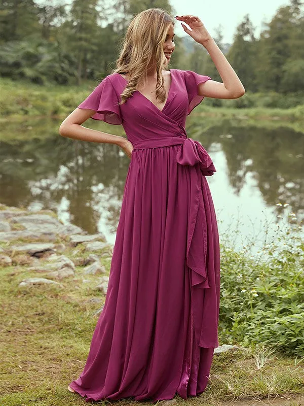 A-Line/Princess Chiffon Ruffles V-neck Short Sleeves Floor-Length Bridesmaid Dresses
