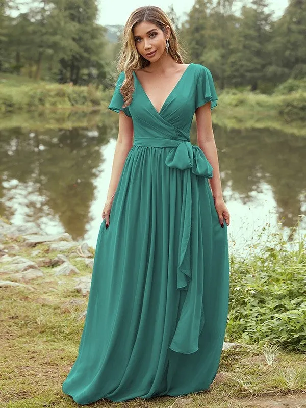 A-Line/Princess Chiffon Ruffles V-neck Short Sleeves Floor-Length Bridesmaid Dresses