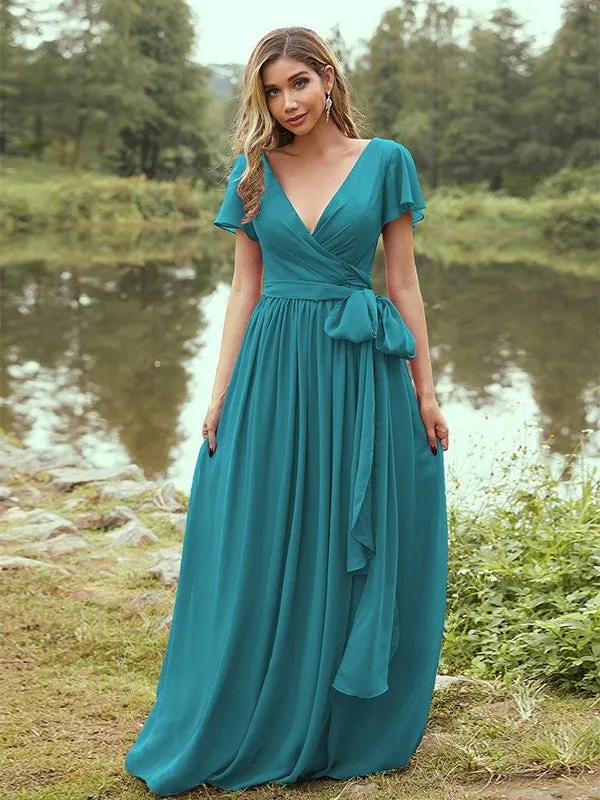 A-Line/Princess Chiffon Ruffles V-neck Short Sleeves Floor-Length Bridesmaid Dresses