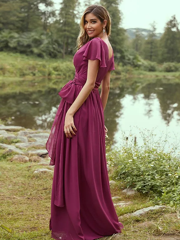 A-Line/Princess Chiffon Ruffles V-neck Short Sleeves Floor-Length Bridesmaid Dresses