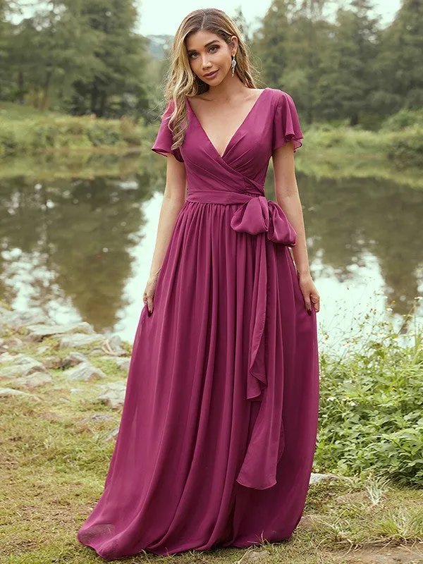 A-Line/Princess Chiffon Ruffles V-neck Short Sleeves Floor-Length Bridesmaid Dresses