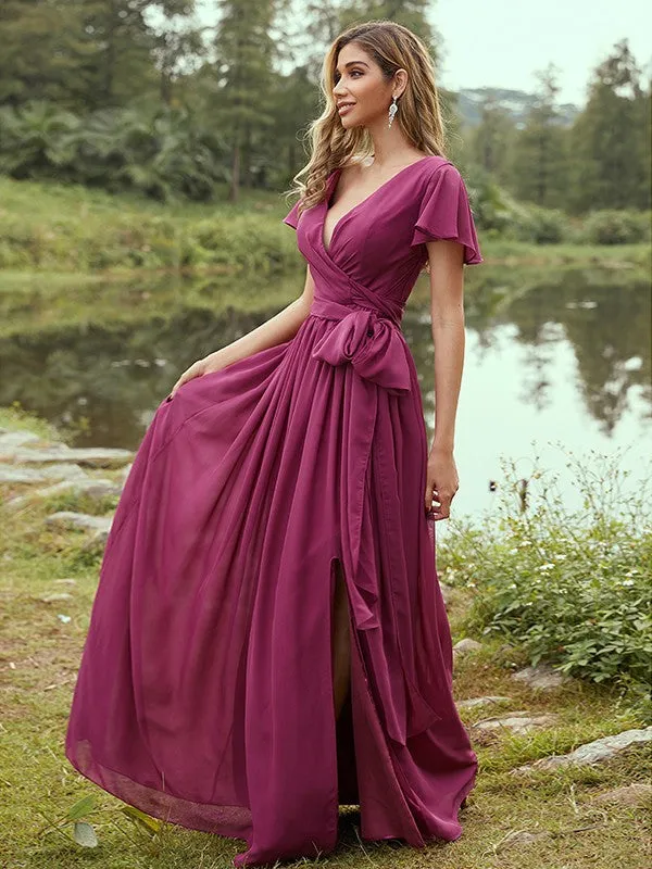 A-Line/Princess Chiffon Ruffles V-neck Short Sleeves Floor-Length Bridesmaid Dresses