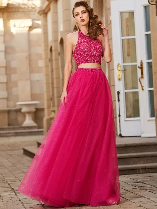 A-Line/Princess Halter Beading Sleeveless Tulle Floor-Length Two Piece Dresses