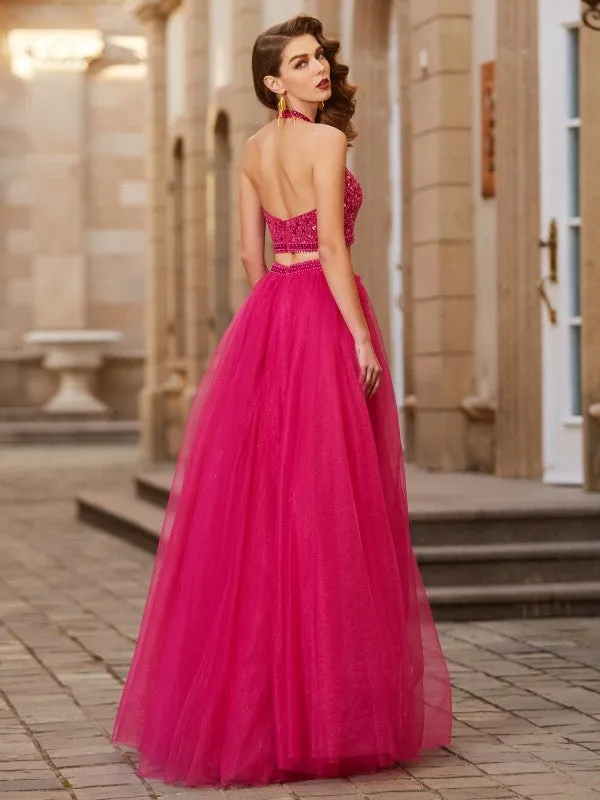 A-Line/Princess Halter Beading Sleeveless Tulle Floor-Length Two Piece Dresses