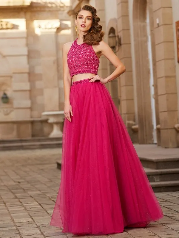 A-Line/Princess Halter Beading Sleeveless Tulle Floor-Length Two Piece Dresses