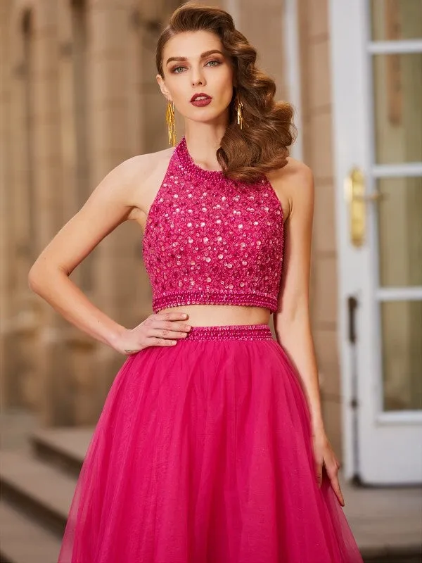 A-Line/Princess Halter Beading Sleeveless Tulle Floor-Length Two Piece Dresses