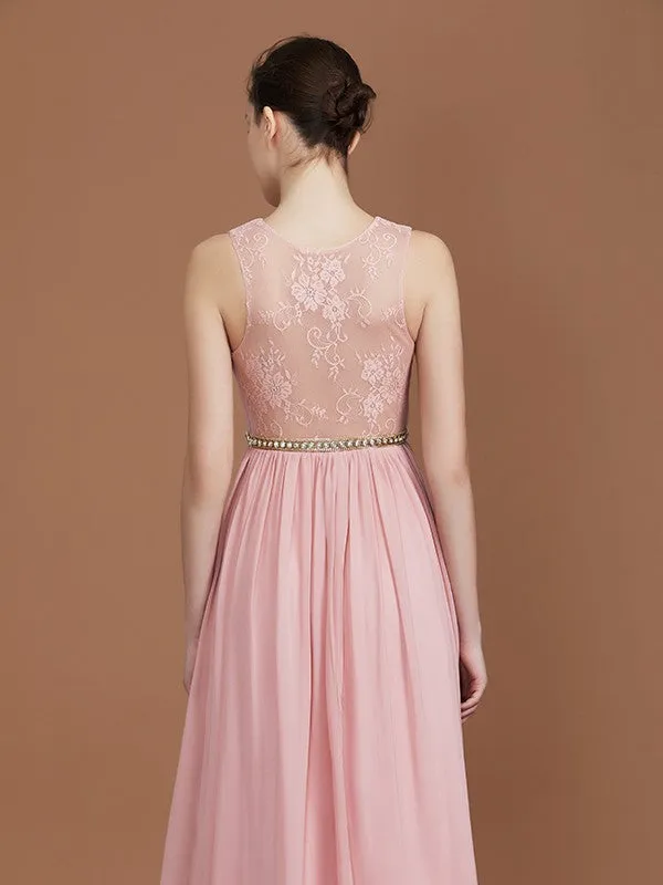 A-Line/Princess Lace Sleeveless Floor-Length Chiffon Ruched V-neck Bridesmaid Dresses