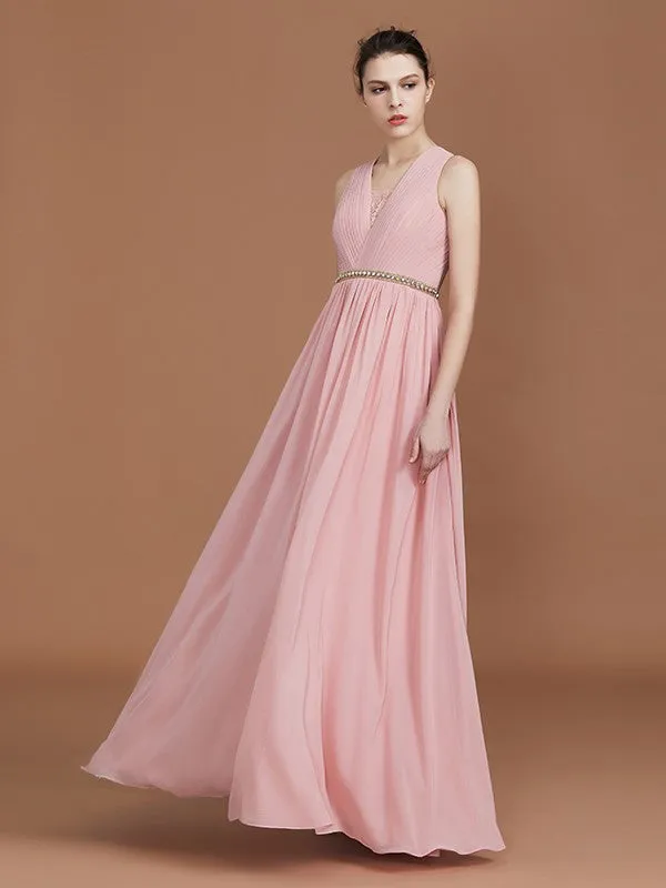 A-Line/Princess Lace Sleeveless Floor-Length Chiffon Ruched V-neck Bridesmaid Dresses