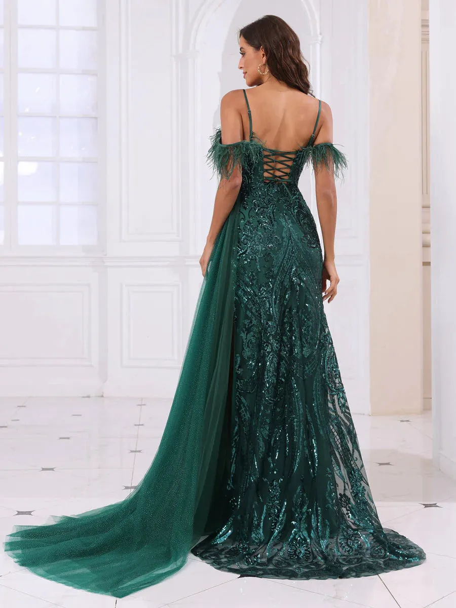 A-Line/Princess Spaghetti Straps Long Prom Dresses With Feather