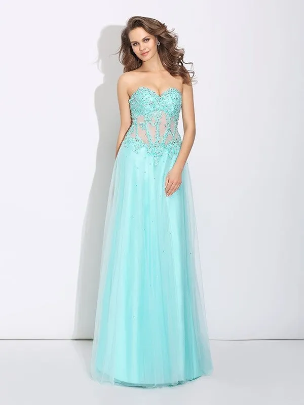 A-Line/Princess Sweetheart Lace Sleeveless Long Net Dresses