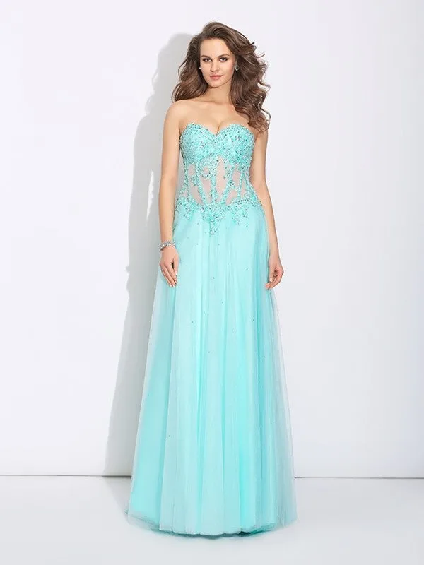 A-Line/Princess Sweetheart Lace Sleeveless Long Net Dresses