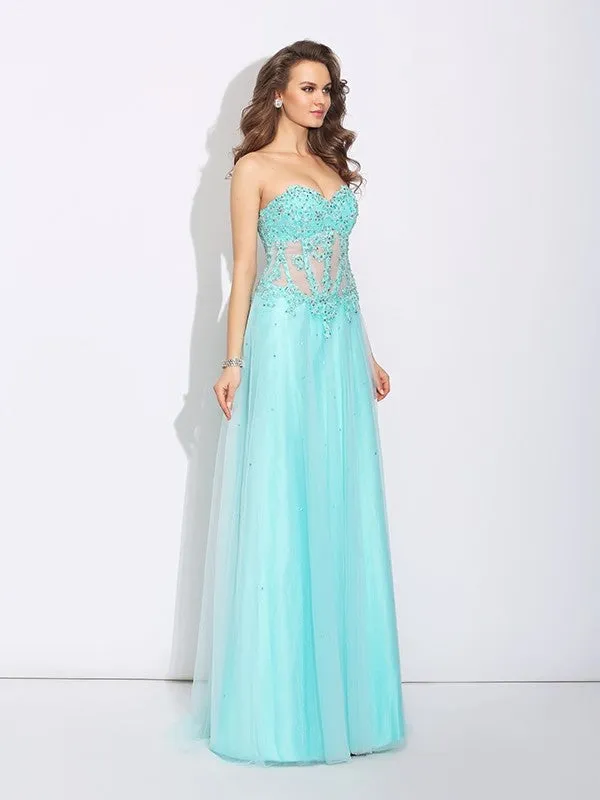 A-Line/Princess Sweetheart Lace Sleeveless Long Net Dresses
