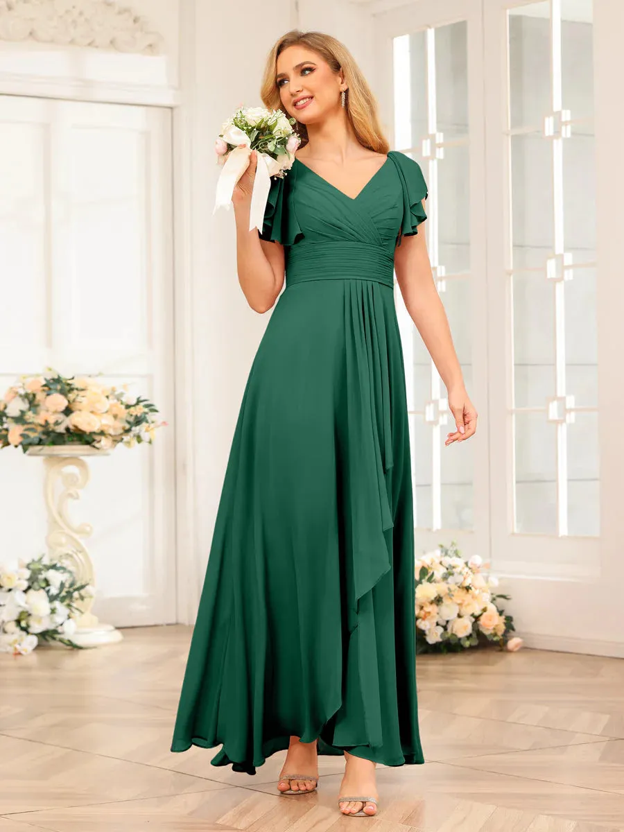 A-Line/Princess V-Neck Long Wedding Party Dresses With Ruffles