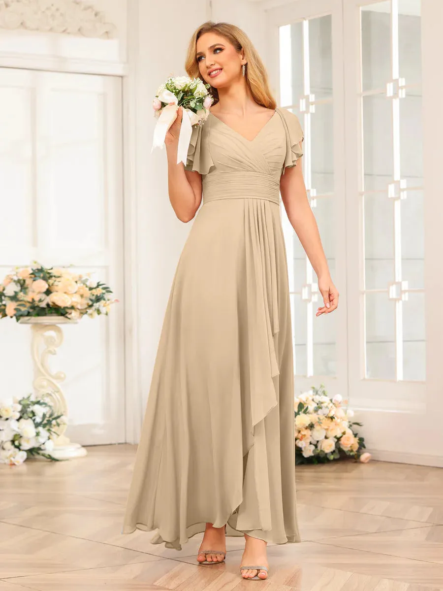 A-Line/Princess V-Neck Long Wedding Party Dresses With Ruffles