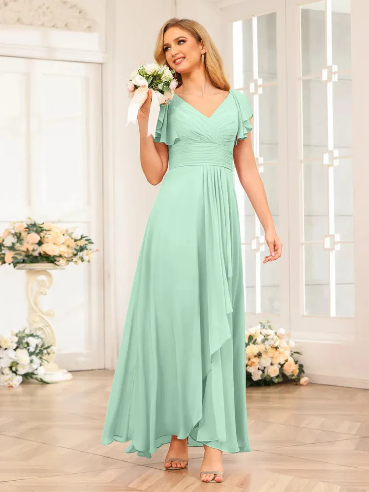 A-Line/Princess V-Neck Long Wedding Party Dresses With Ruffles