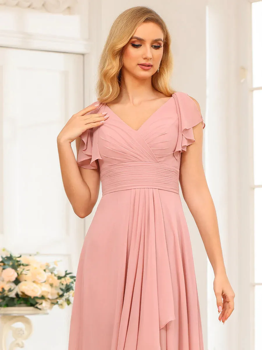 A-Line/Princess V-Neck Long Wedding Party Dresses With Ruffles