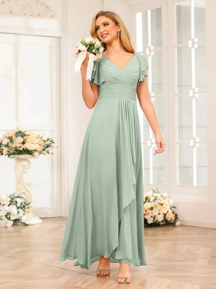 A-Line/Princess V-Neck Long Wedding Party Dresses With Ruffles