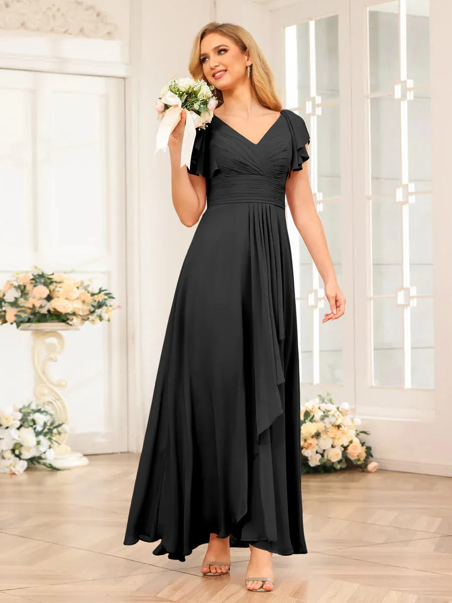 A-Line/Princess V-Neck Long Wedding Party Dresses With Ruffles